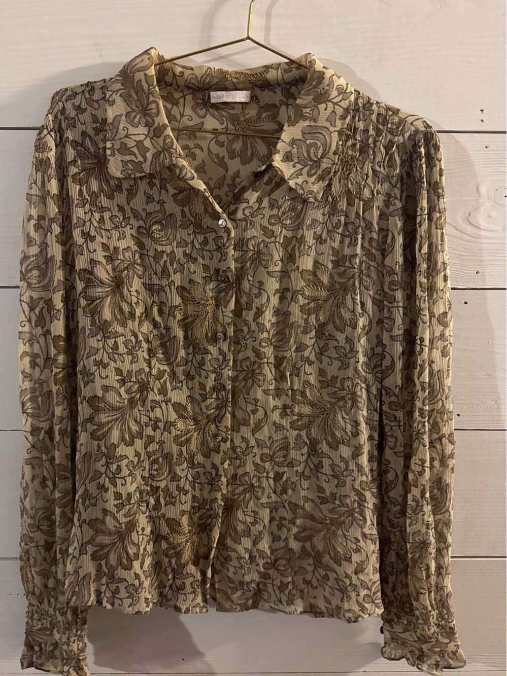 Women's Floral 100% Silk Button-Front Blouse in Olive Green